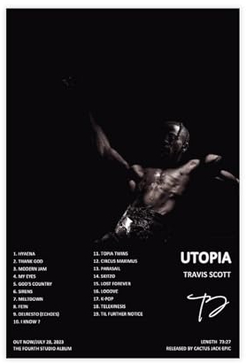 BSapp Travis Scott Utopia-Albumcover-Poster, 8 Leinwand-Poster, Schlafzimmer-Dekor, Sportlandschaft, Büro, Raumdekoration, Geschenk, 20 x 30 cm