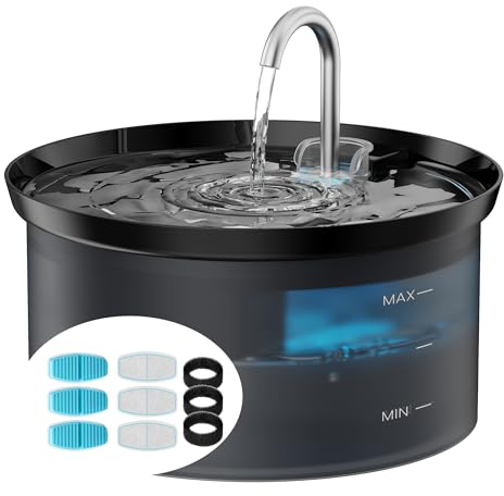 BMDSAE Fontaine à Eau pour Chat + 6 filtres + 6 éponges, Fountaine d'eau de Compagnie avec Pompe Ultra Silencieuse, Filtre à Carbone Activé Gardez l'eau Propre, Capacité 2L, Conception de Robinet