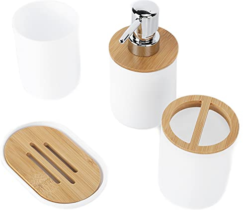 Lot de 4 accessoires de salle de bain en bambou - Ensemble complet d'accessoires de salle de bain avec porte-brosse à dents, porte-savon, distributeur de lotion et gobelet de rinçage buccal -