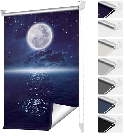 smartdemo Verdunklungsrollo ohne Bohren & mit Bohren, Blau 65x120cm(BxH), Klemmrollo Fensterrollo Leuchtsterne und Mond, Thermorollo Sichtschutz und Sonnenchutz, Klemmrollo rollos für Fenster