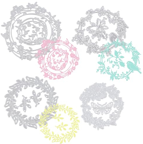 GUOYIHUA 4 Stück Blumenkranz Stanzschablonen Set, Metall Kranz Stamping Schablone, Scrapbooking Prägeschablone, Vögelchen Schmetterling Stanzformen, für DIY-Kartengestaltung und Scrapbooking Deko