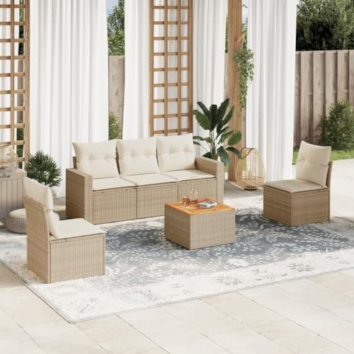 ULUYYUC 6-TLG. Garten-Sofagarnitur, Polsterbank Gartenstühle Schlafsofa Fußhocker Geeignet für Balkon Garten Hinterhof Außenbereich mit Kissen Beige Poly Rattan
