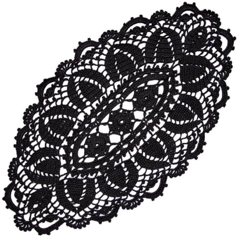 BOMHCS Spitzen-Tischläufer, oval, Breite (25,4 cm - 30,5 cm) x Länge (50,8 cm bis 55,9 cm), handgefertigte Häkelvase, Deckchen, Kommode, Schals, Tischdecke (1, schwarz), 1 Stück