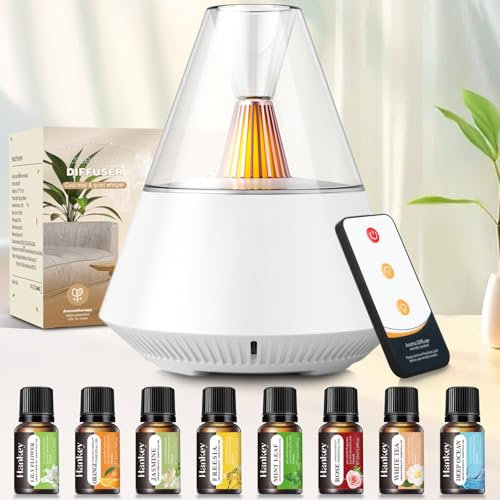 Essential Oil Diffuser Aromatherapy Diffuser with 8x10ml Essential Oils Air Fresh Aroma Scent Humidifier Diffuser with Waterless Auto-Off and LED Candle Light for Home,Bedroom,Office,Yoga White