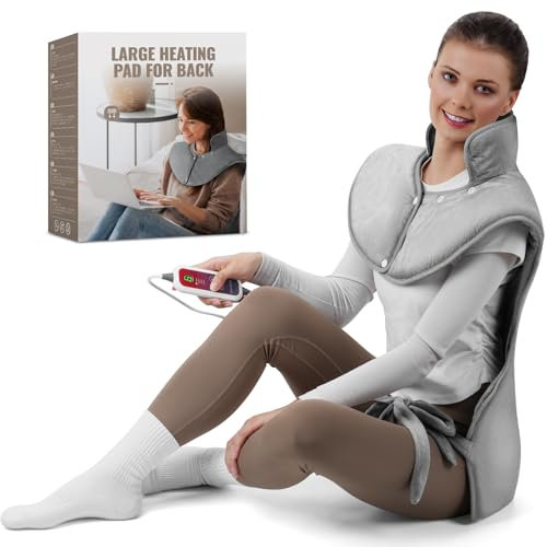 Qfun Elektrisch Heizkissen für Nacken Schulter Rücken mit Abschaltautomatik, Schnelles Aufheizen Wärmekissen Nackenwärmer, 6 Temperaturstufen und 4 Timer, Waschbar Rückenwärmer Schulterwärmer 100x61cm