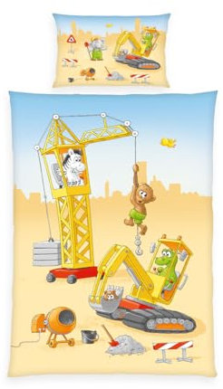 Herding babybest Bettwäsche Baustelle, Kopfkissenbezug ca. 40 x 60 cm mit Hoteleinschlag, Bettbezug ca. 100 x 135 cm mit praktischer Knopfleiste, 100% Baumwolle