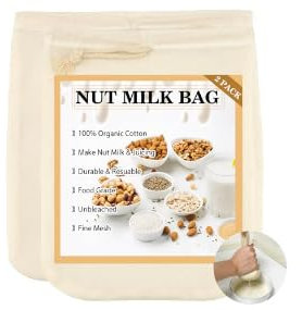 Nut Milk Bag,Muslin Bags,2PCS 10X12 12X12 Nut Milk Bags for Straining,Muslin Cloths for Straining,Yogurt Strainer,Cheesecloth,Jelly Bags for Straining Jam,Reusable Hemp Oat Milk Strainer Bag