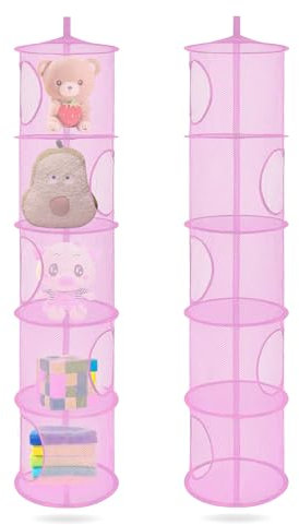 ZYETGH 5 Tier Hanging Mesh Storage Basket, 2 PCS Hanging Teddy Storage Net Foldable Soft Toy Storage Hanging Mesh Basket for Cuddly Toys Clothes Sundries (Pink)