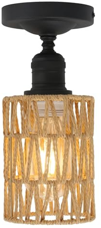 Yosoan Vintage Rattan Flush Ceiling Pendant Lights,1 Chandelier Pendant Light Fitting,Farmhouse Ceiling Light Fitting for Bedroom Kitchen Living Room Dining Room (Black)