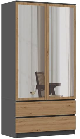 CDF TORINO - Armadio 2 ante con specchio stile moderno camera da letto - 90x50x180 - Ampio spazio di archiviazione - 2 cassetti