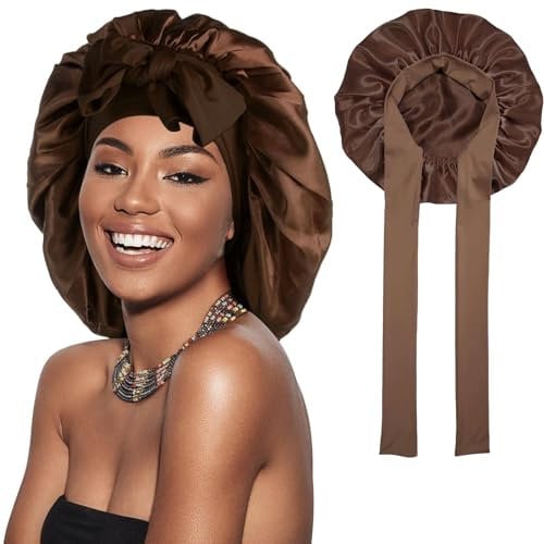 Catelves Seidenhaube zum Schlafen Lange Haare, Silk Bonnet Weiche und Bequeme, Bonnet Seide, Hair Bonnet, Schlafhaube Seide für Verstellbares Breites Band zur Befestigung am Kopf(Braun)