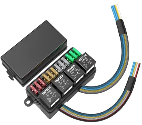 Weasch 12V 40A 12-fach vorverdrahteter Sicherungs- und Relaiskasten, 4 Relais und 12 ATC/ATO-Flachsicherungen, für PKW, LKW, Boot und Jeep