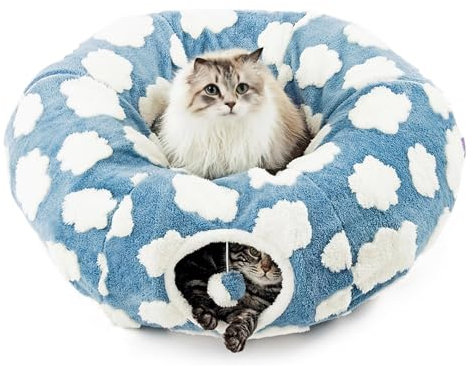 Katzentunnelbett mit zentralem waschbarem Kissen, Indoor-Katzentunnelschlauch-Spielzeug, 3 Formen zum Spielen, blauer Himmel und weiße Wolken, rundes Plüsch-Katzenspielzeug-Tunnelbett für Kätzchen,