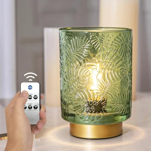 ULAROOM Battery Operated Small Cordless Table Lamps with Remote Control,Glass Dimmable Brightness Wireless Lamp with Timer,Battery Powered Lamp for Bedroom Living Room Home Decor Jade Green