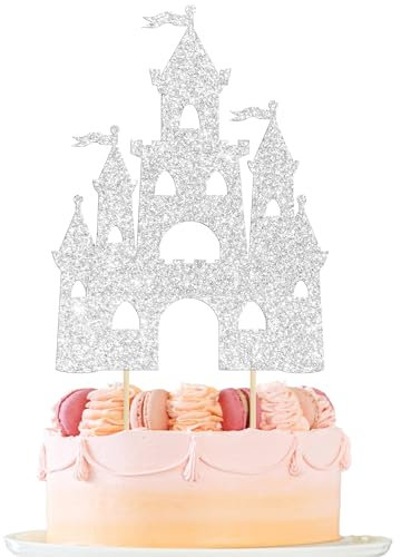 Ephlyn 1Pcs Castle Cake Topper Glitter Princess Castle Theme Birthday Cake Decorations Queen Castle Cake Pick for Princess Prince Birthday Baby Shower Party Supplies Silver