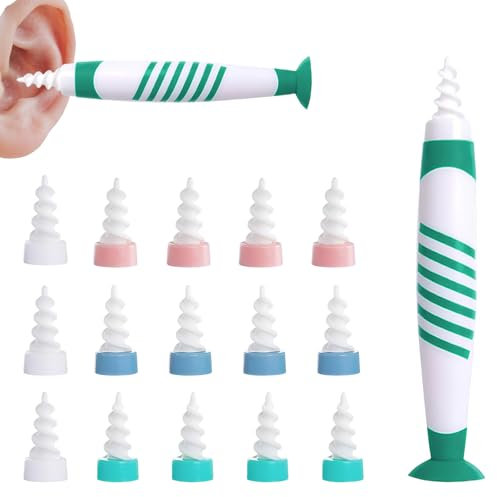 Spiral Ear Cleaner, Flexible Ear Wax Remover, Soft Silicone Removal Tool with 16 PCS Washable Tips, Reusable Earwax Remover for Adults and Kids(Green)