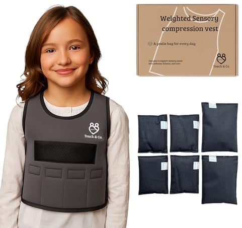 Touch & Co. Gewichtsweste für Kinder – Alter 6–9 Jahre – voll verstellbare sensorische Kompressionsweste für Kinder – inklusive 0,9 kg abnehmbaren Gewichten – atmungsaktives, waschbares, geruchsfreies