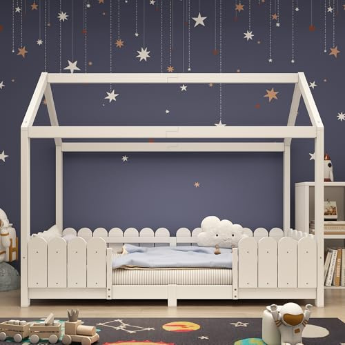 Merax Hausbett 90x200 cm – Kinderbett aus Holz mit Rausfallschutz & Lattenrost – Robustes Bett mit Dach für Jungen & Mädchen – Weiß(Ohne Matratze)
