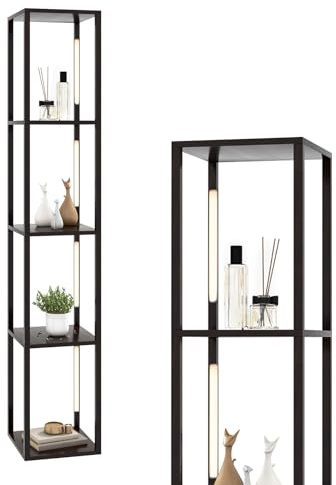 HOMASIS Stehlampe, Stehleuchte mit 4 Lagerregaln aus Holz, Standlampe mit 3-Farbtemperatur, Standleuchte E27 mit 4 drehbare Led-Lampen, Bodenlampe für Wohnzimmer, Schlafzimmer, 29x29x163cm (Braun)