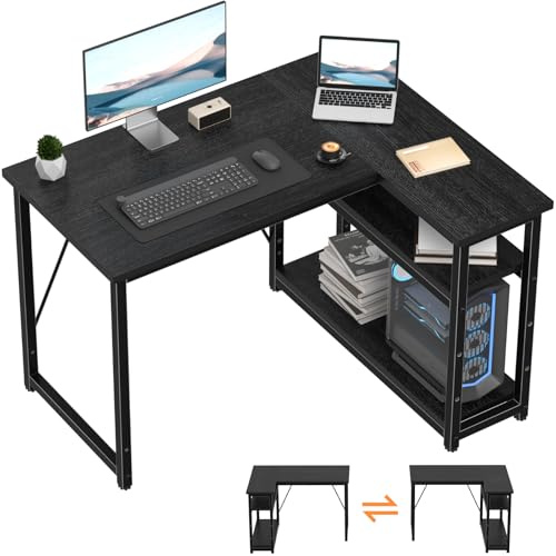 TRIUMPHKEY Bureau d'angle L 100x80x75cm avec 3 Etagères Réversible, Noir | Structure en Acier Robuste, 3 Étagères de Rangement Intégrées, Surface Anti-Rayures, Idéal pour PC Gamer & Études