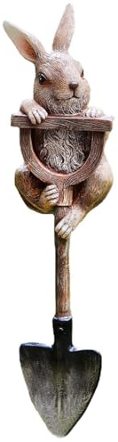 Eighosee Bunny Statue Whimsical Garden Decor for Outside, Resin Bunny Figurine on Shovel, Outdoor Lawn Decoration Easy Install
