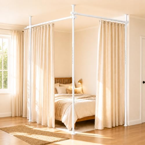 Raumteiler Paraventgestell Gardinenstange, B 70-355cm x H 122-305cm,Freistehend Raumtrenner Paravent Ohne Vorhang,Flexibel Verstellbarer Paravent Ohne Bohren,Sichtschutz für Schlafzimmer,Büro,Weiß