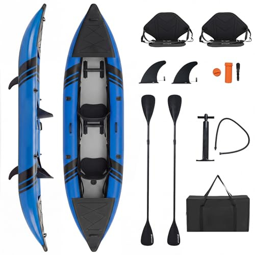 COSTWAY Kayak Gonfiabile 2 Posti, Kayak da Pesca Gonfiabile e Portatile 381 cm con 2 Sedili Imbottiti e Poggiapiedi Regolabili, Remi in Alluminio, Pompa a Mano, Ideale per Lago e Mare (Blu)