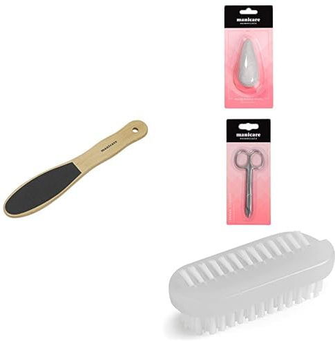 Manicare Fußpflege Set: Hornhautfeile Holz doppelseitig, Bimsstein, Zehennagelschere Edelstahl & Nagelbürste – entfernt Hornhaut, Schwielen & trockene Haut, Pediküre Zubehör für glatte Füße