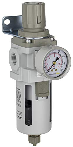 PneumaticPlus SAW400-N04BG Compressed Air Filter Regulator Piggyback Combo 1/2 NPT - Poly Bowl, Manual Drain, Bracket, Gauge
