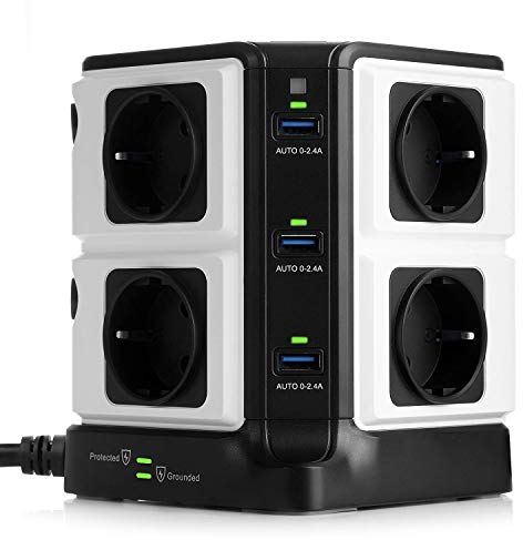 BESTEK 8 Fach Steckdosenleiste 6 USB Mehrfachsteckdose Steckerleiste Stromverteiler mit einzeln Schalter hat 1500J Überspannungsschutz und Blitzschutz schwarz 3600W