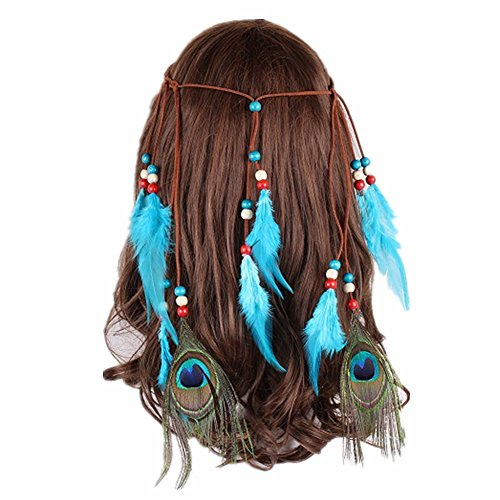 Indischer Kopfschmuck mit 2 Pfauenfedern, 8 Straußenfedern, Hippie-Stirnband, Boho-Kopfbedeckung, Karnevals-Kopfschmuck, Haar-Accessoires für Partygeschenke (himmelblau)