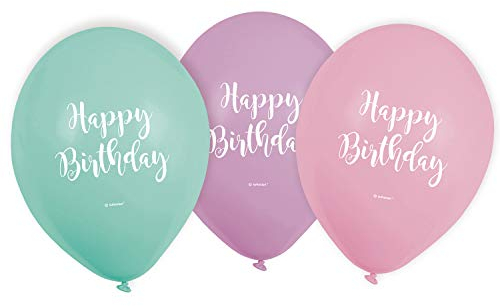 Amscan 9901851 - Latexballons Happy Birthday Pastel, 6 Stück, circa 28 cm, Mintgrün, Rosa, Helllila, Geburtstag, Luftballon