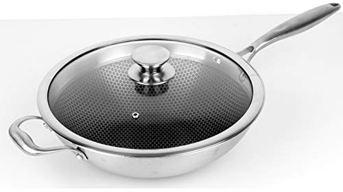 BSTL Wok Sano Non Rivestito in Acciaio Inossidabile, Padella Antiaderente da Cucina Non Grassa A Nido d'Ape, Padella con Coperchio di Sicurezza Forno AntiGraffio,32CM-D