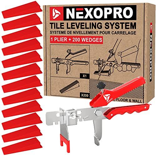 NEXOPRO™ – Fliesen Nivelliersystem Kit – 200 Keile + verstellbare Zange –Selbstnivelliersystem für die Fliesenverlegung – Einfach zu verwenden – Professionelle Ergebnisse – Boden & Wand