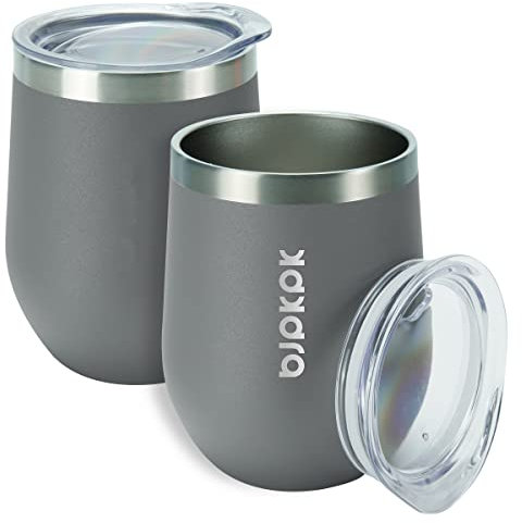 BJPKPK Lot de 2 verres à vin isothermes de 355 ml avec couvercle, verres à vin en acier inoxydable incassables, gobelet isotherme pour plage, piscine, bar, gris