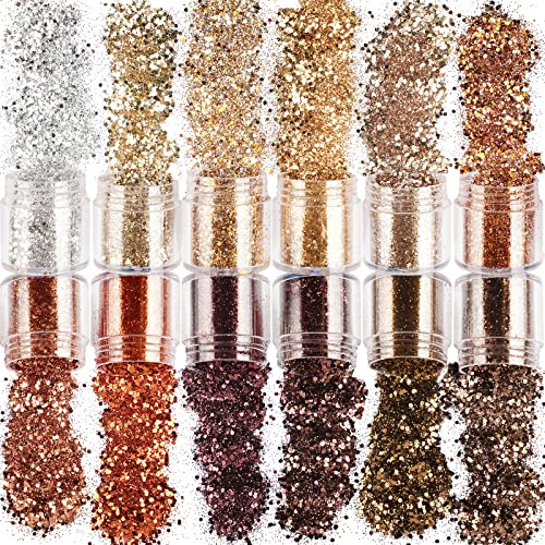 FLOFIA 12Box Glitzer zum Basteln Gold Silber Braun Nagel Pailletten Holographisches Glitzerpulver Glitter Pulver für Gesicht Make Up Augen Körper Haare Nagelkunst Kartenbasteln DIY Handwerk