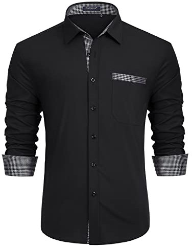 Enlision Black Shirts for Men UK Cotton Mens Shirt Long Sleeve with Chest Pocket Stretch Contrast Printed Collar Cuffs for Spring Summer XL
