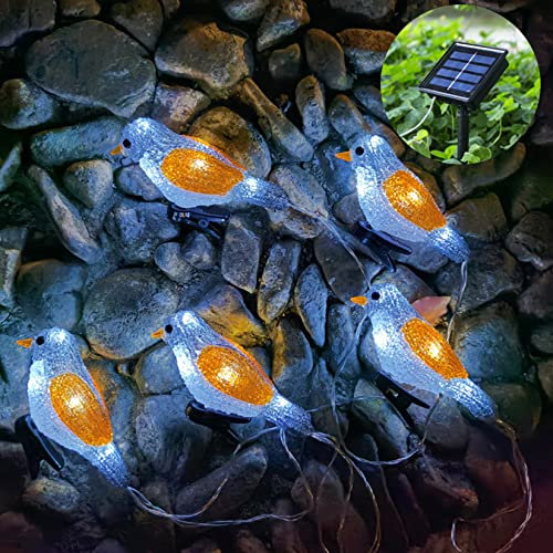 DINOWIN Solar LED Acryl Vogel Lichterkette mit Clip 4 Stück 5 LED Wasserdichte Solar Tier Lichterkette 8 Modi Vögel Figuren Deko für Weihnachten, Garten, Party, Hochzeit (Grau+Orange)