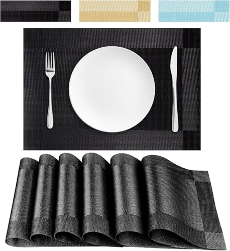 jiuzcare Tischsets abwaschbar 6er Set, 100% PVC Platzsets 30 x 45 cm in Schwarz, Rutschhemmende Platzdeckchen, Pflegeleichte Tischunterlage für Esstisch, Küche, Esszimmer, Restaurant, Hotel und Gäste