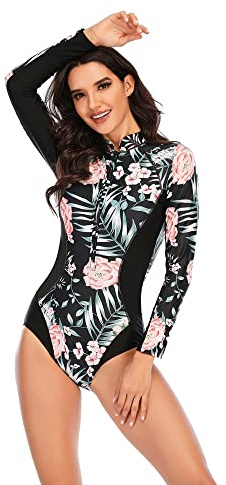 BEACHKINI Maillot de Bain Zippé à Manches Longues et Décontracté pour Femmes Maillot de Bain Une Pièce,36 Flower Black,L