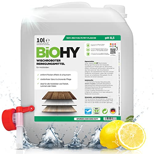 BiOHY Wischroboter Reinigungsmittel (10 Liter Kanister) + Auslaufhahn | Bodenreiniger Mittel für Holzböden | Laminat & Parkettpflege | streifenfreier Glanz auf wasserfestem Holz | schaumarmes