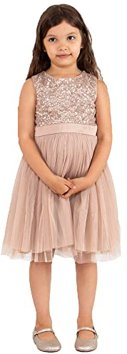 Maya Deluxe Robe midi pour Filles avec Paillettes décorées, Tutu de Demoiselle d'honneur, Mariage avec nœud de Ceinture, Rose Clair Taupe, 9 Years