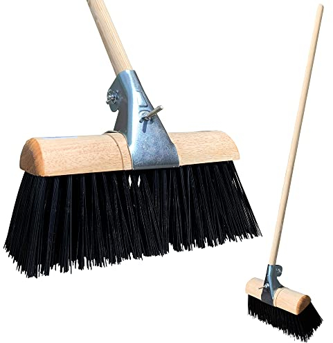 Saddleback Yard Broom Outdoor Heavy Duty, 13” Saddle Broom Curved Top with PVC Bristles, Metal Clamp, and Long Wooden Handle, Hard Bristle for Stables & Farm Yards