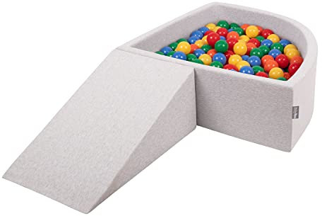 KiddyMoon Aire De Jeux en Mousse avec Quart Angulaire Piscine À Balles (200 Balles) pour Bébé, Gris Clair: Jaune/Vert/Bleu/Rouge/Orange