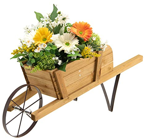 COSTWAY Jardinera de Madera, Carretilla para Interior y Exterior, Jardinera con 9 Accesorios Magnéticos, Rueda, 2 Manijas, Jardineras Rústicas de Madera de Pino para Jardín, Patio, Hogar (Nogal)