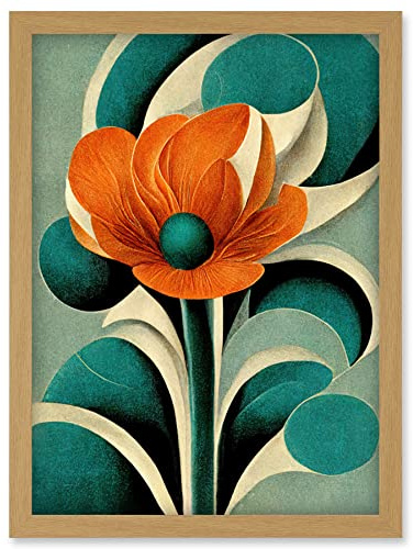 Doppelganger33 LTD Art Deco Poppy Flower Teal Orange Cream Artwork Framed Wall Art Print A4