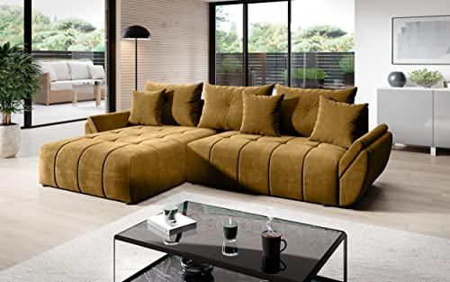 Vigo Velvet Monolith Ecksofa in L-Form 280 cm x 190 cm - Schlafsofa mit Bettkasten - Couch mit Stauraum und Kissen - Sofa mit Schlaffunktion - Ausziehbares Schlafsofa - Farbe: Gold (M-48)