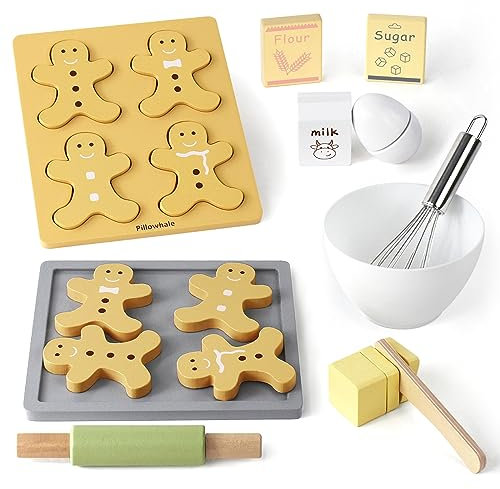 Pillowhale Holz Küche Spielzeug Kekse Backen Set Holz Kekse Maker Spielzeug Kinder Spielen Küche Zubehör Pretend Spielen Schneiden und Backen Geschenke für Jungen Mädchen