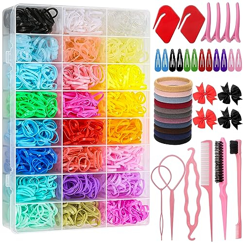 2068pcs Elastic Hair Bands Kit, 2000 pcs Mini Hair Rubber Bands with Organizer Box, Soft Small Girl Hair Ties, Colorful Baby Rubber Bands Set with Hair Tail Tools, Hair Ties, Hair Clips