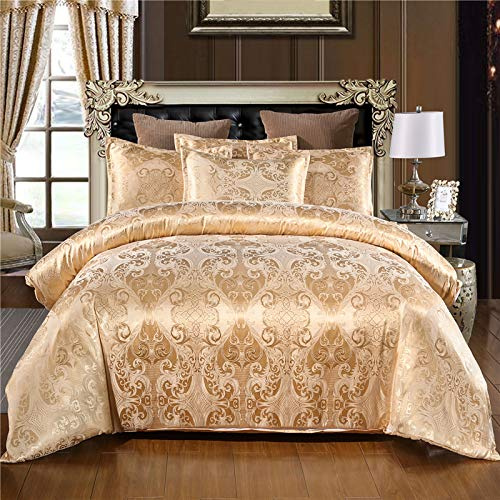 BDKCYO Retro Bettwäsche Satin Jacquard 220x240 cm Gold Jacquard Blumenmuster Bettbezug Luxus Romantisch Barock Stil Bettwäsche Set Satin (Yellow,135 x 200 cm)